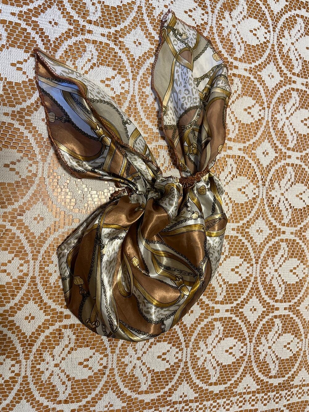 Satin Elastic Head Scarf Bandana Hair Wrap Brown Cream Belt Chain Print